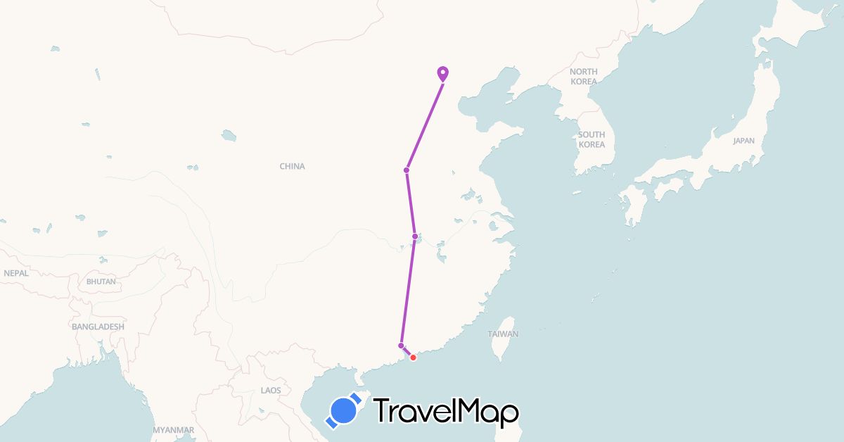 TravelMap itinerary: driving, train, hiking in China, Hong Kong (Asia)